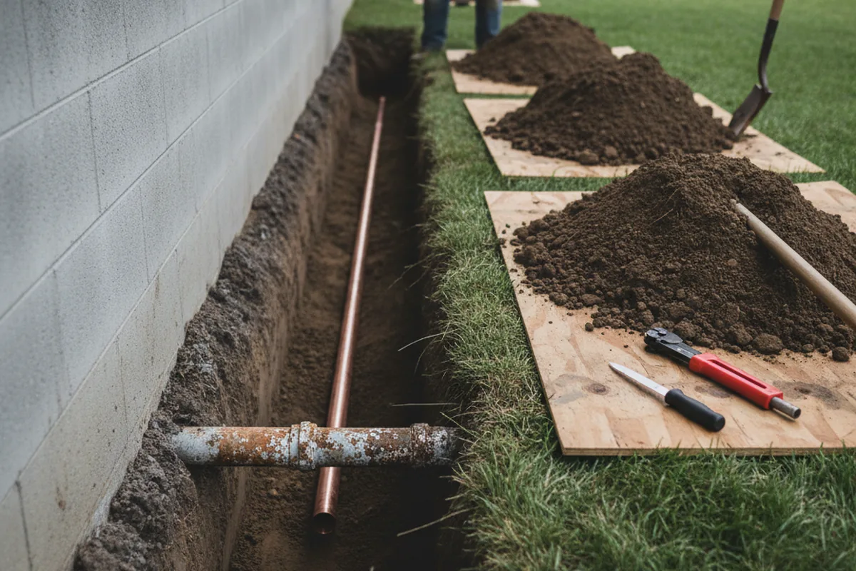 Excavated water line trench during Water Softener Installation in Blanco